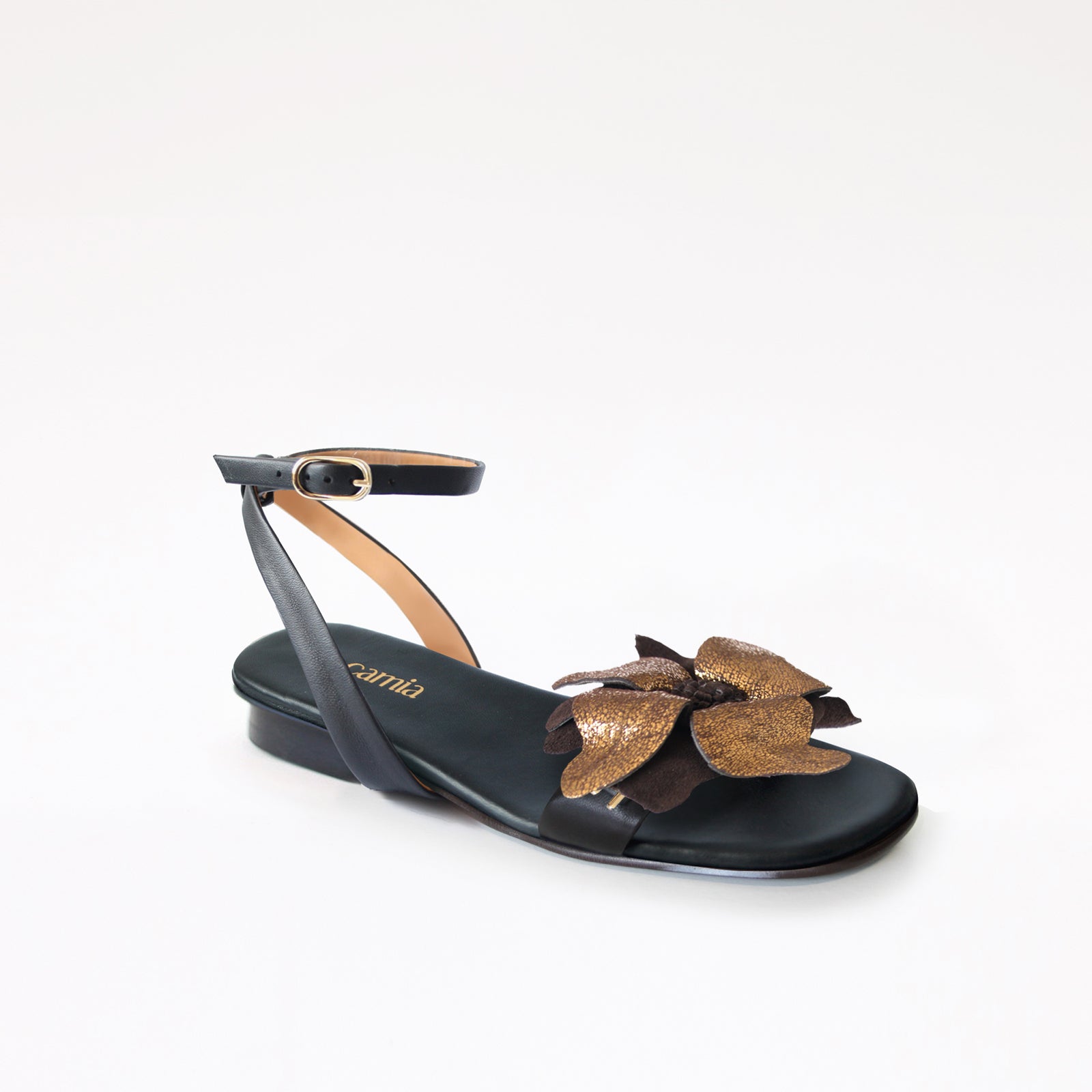 Black Swap Flat Sandal Brown Flower