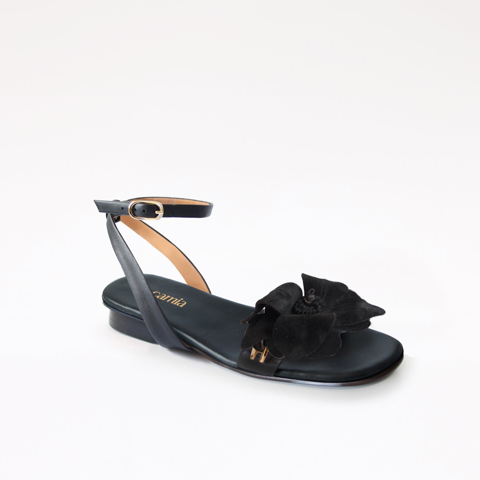 Black Flat Swap Sandal Charcoal Camia Flower