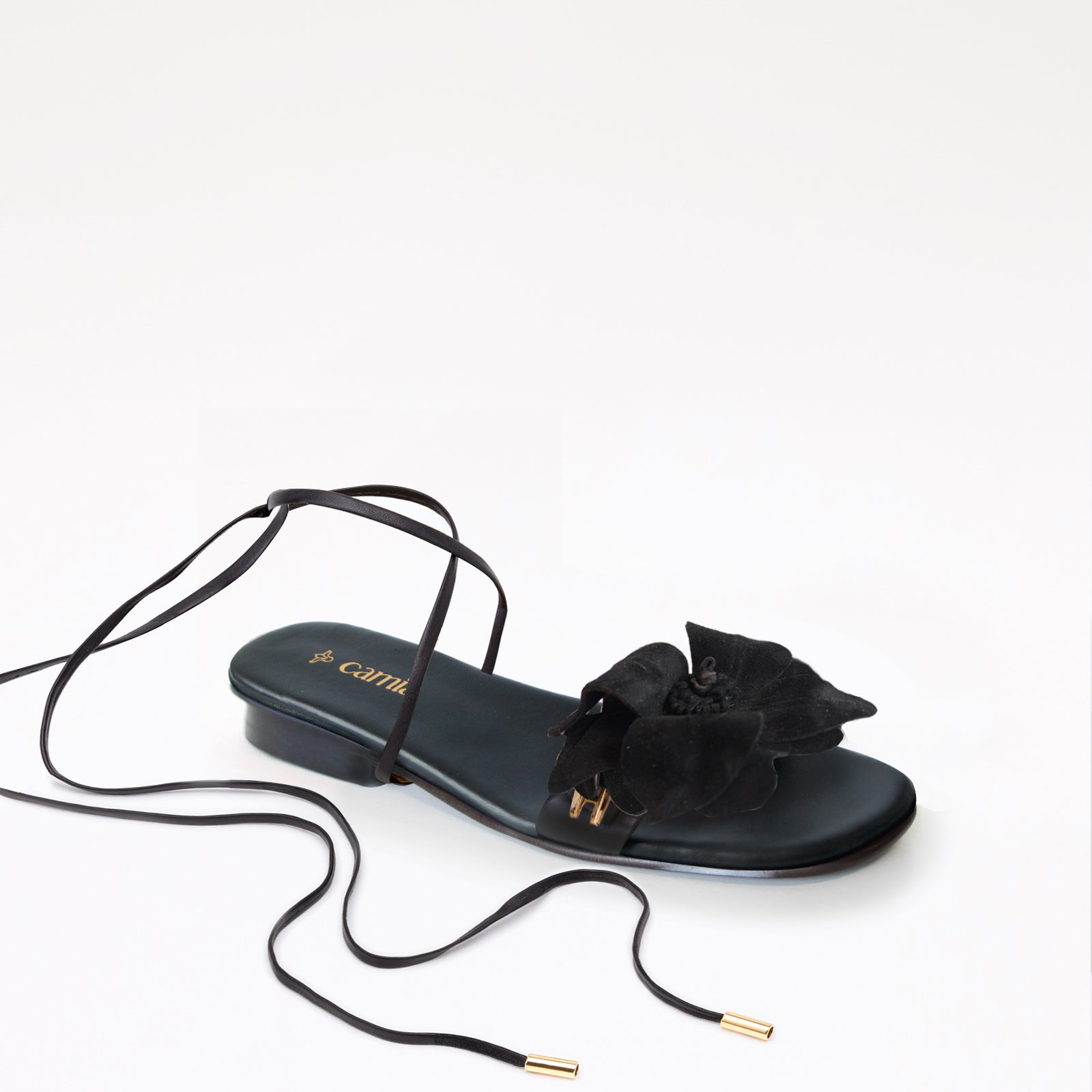 Black Flat Swap Sandal Charcoal Flower Gladiator