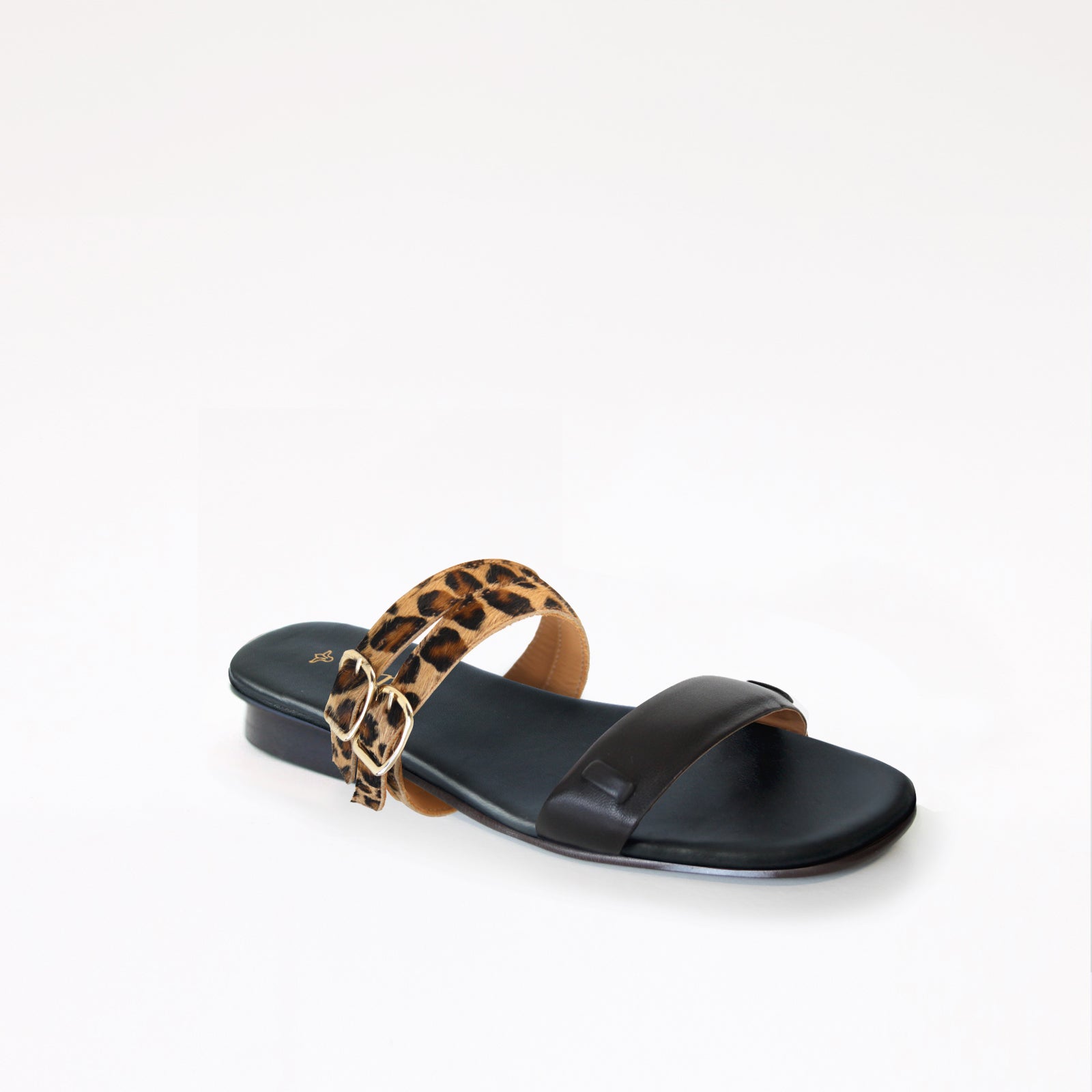 Black Flat Swap Sandal Double Leopard